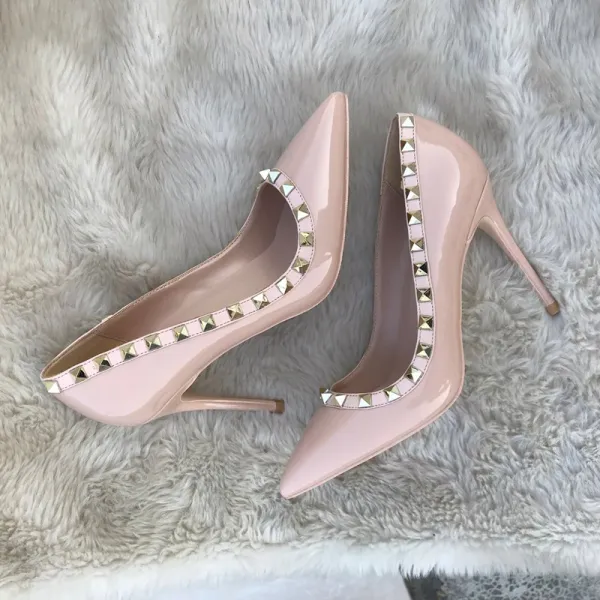 Schöne Schwarz Abend Pumps 2020 Niet Lackleder 10 cm Stilettos Spitzschuh Pumps