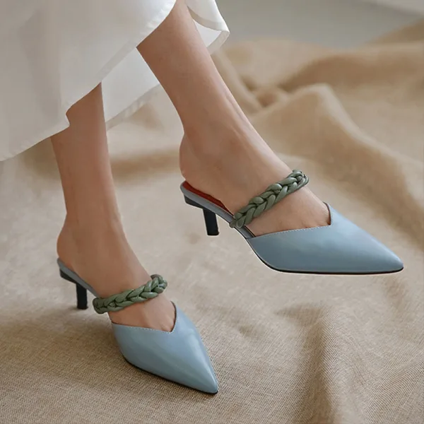 Chic / Beautiful Beige Street Wear Braid Womens Sandals 2020 Leather 5 cm Stiletto Heels Pointed Toe Sandals