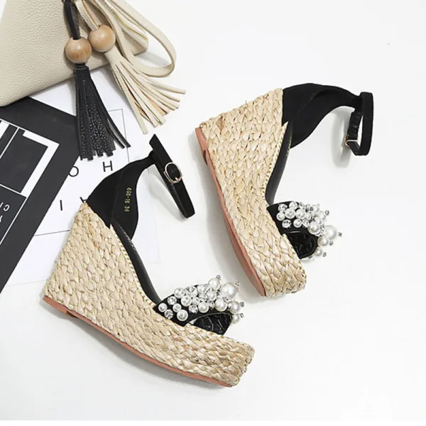 Fashion Blushing Pink Street Wear Summer Braid Womens Sandals 2020 Pearl Ankle Strap Rhinestone 10 cm Wedges Open / Peep Toe Sandals
