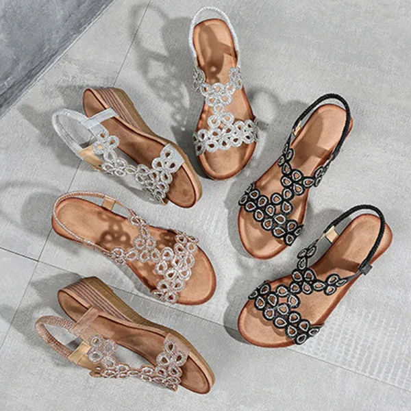 Böhmen Champagner Strand Sandalen Damen 2020 Strass 5 cm Keilabsatz Peeptoes Sandaletten