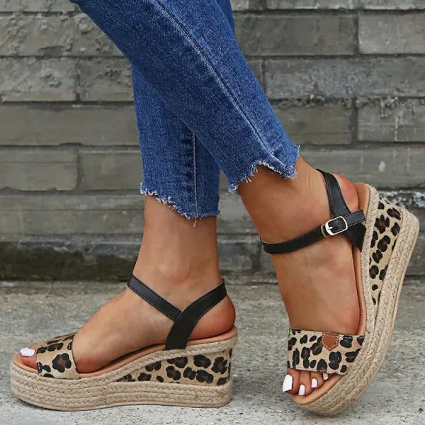 Erschwinglich Schwarz Strassenmode Zebramuster Sandalen Damen 2020 5 cm Keilabsatz Peeptoes Sandaletten