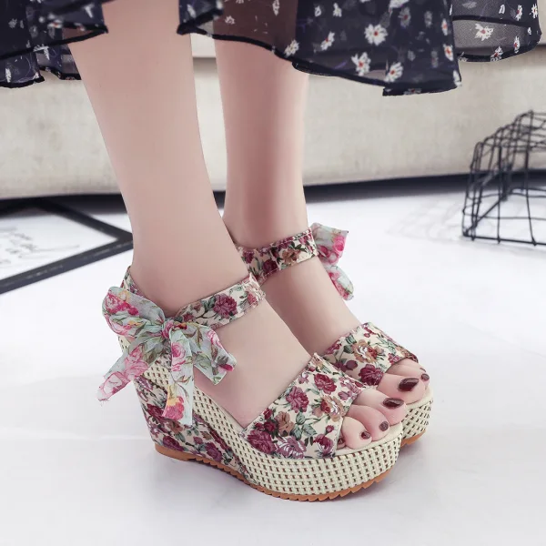 Affordable Outdoor / Garden Black Floral Womens Sandals 2020 Bow 11 cm Wedges Open / Peep Toe Sandals