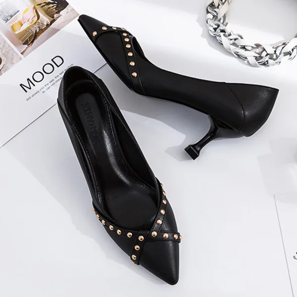 Enkel Svart Kontor OL Pumps 2020 Lær Klinke Stiletthæler 6 cm Spisse Pumps