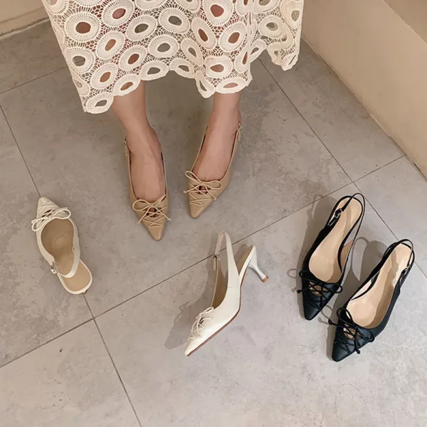 Chic / Belle Noire Slingbacks Vêtement de rue Cuir Sandales Femme 2020 5 cm Talons Aiguilles À Bout Pointu Sandales