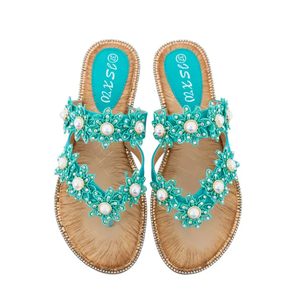 Cyganeria Czarne Plaża Sandały Damskie 2020 Z Koronki Kwiat Rhinestone Płaskie Peep Toe Sandały