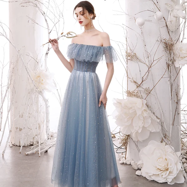 Modern / Fashion Sky Blue Star Sequins Bridesmaid Dresses 2021 A-Line / Princess Off-The-Shoulder Short Sleeve Backless Floor-Length / Long Wedding Party Dresses