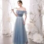 Modern / Fashion Sky Blue Star Sequins Bridesmaid Dresses 2021 A-Line / Princess Off-The-Shoulder Short Sleeve Backless Floor-Length / Long Wedding Party Dresses