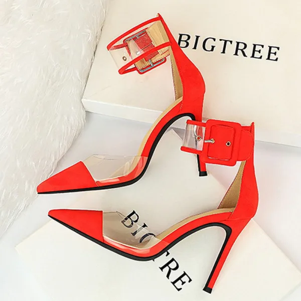 Chic / Belle Noire Désinvolte Daim Sandales Femme 2020 Bride Cheville 10 cm Talons Aiguilles À Bout Pointu Sandales