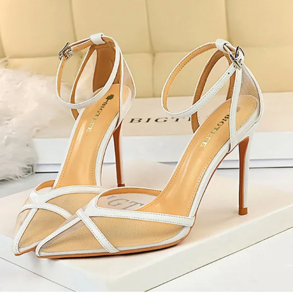 Chic / Beautiful Black Street Wear Pierced Womens Sandals 2020 Ankle Strap 10 cm Stiletto Heels Pointed Toe Sandals