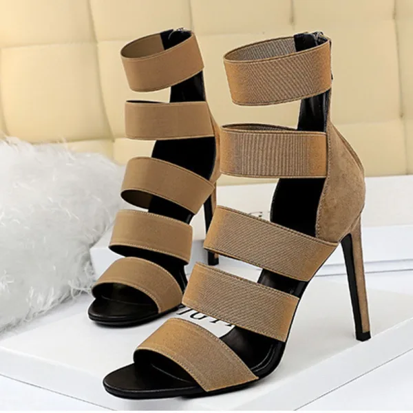 Chic / Beautiful Brown Rave Club Pierced Womens Sandals 2020 10 cm Stiletto Heels Open / Peep Toe Sandals