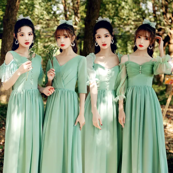 Modest / Simple Mint Green Lace Flower Bridesmaid Dresses 2021 A-Line /  Princess Scoop Neck 1/2 Sleeves Backless Floor-Length / Long Wedding Party  Dresses