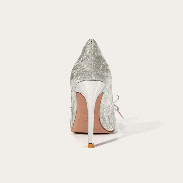 Charmig Silver Rhinestone Rosett Paljetter Brudskor 2021 Läder 10 cm Stilettklackar Spetsiga Bröllop Pumps Högklackade