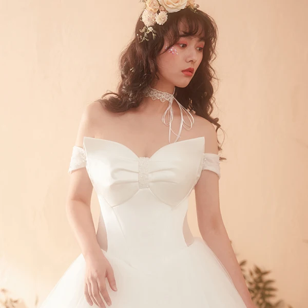 Elegant Ivory Wedding Dresses 2018 Ball Gown Bow Off-The-Shoulder Backless Sleeveless Floor-Length / Long Wedding