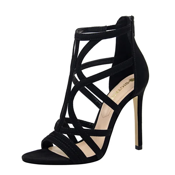 Roman Sexy Black Rave Club Suede Womens Sandals 2020 11 cm Stiletto Heels Open / Peep Toe Sandals
