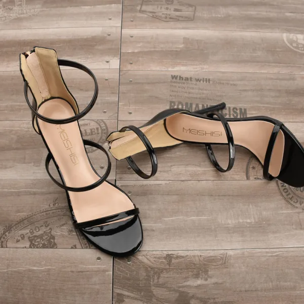 Sexy Rot Strassenmode Sandalen Damen 2020 Lackleder Knöchelriemen 10 cm Stilettos Peeptoes Sandaletten