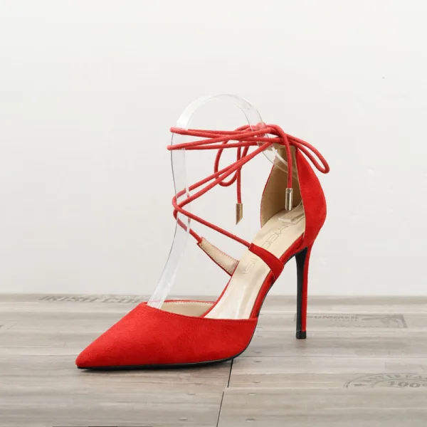 Chic / Beautiful Red Street Wear Suede Womens Sandals 2020 Bow Ankle Strap 10 cm Stiletto Heels Pointed Toe Sandals