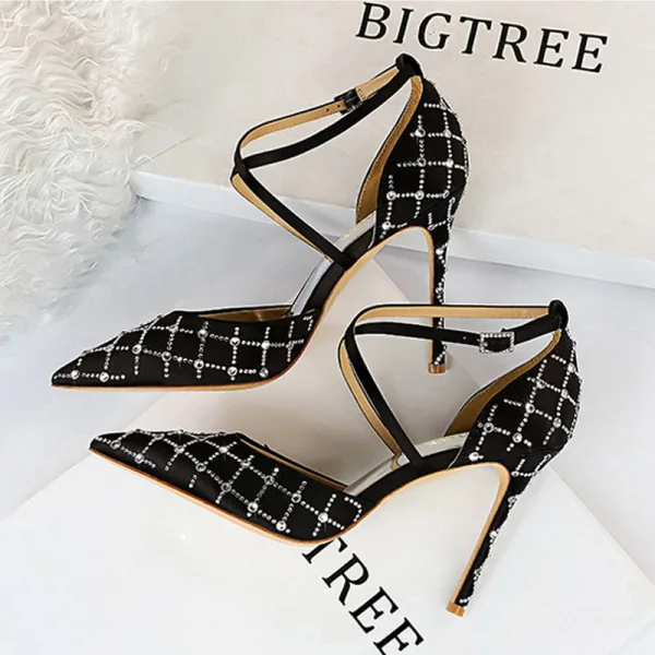 Charming Champagne Rhinestone Evening Party Womens Shoes 2020 Satin X-Strap 10 cm Stiletto Heels Pointed Toe Sandals