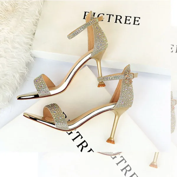 Sexy Argenté Soirée Sandales Femme 2020 Bride Cheville Faux Diamant Paillettes 8 cm Talons Aiguilles Peep Toes / Bout Ouvert Sandales