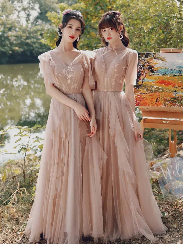 Modest / Simple Blushing Pink Wedding Party Dresses 2021 A-Line / Princess V-Neck Short Sleeve Backless Floor-Length / Long Bridesmaid Dresses