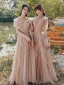Modest / Simple Blushing Pink Wedding Party Dresses 2021 A-Line / Princess V-Neck Short Sleeve Backless Floor-Length / Long Bridesmaid Dresses