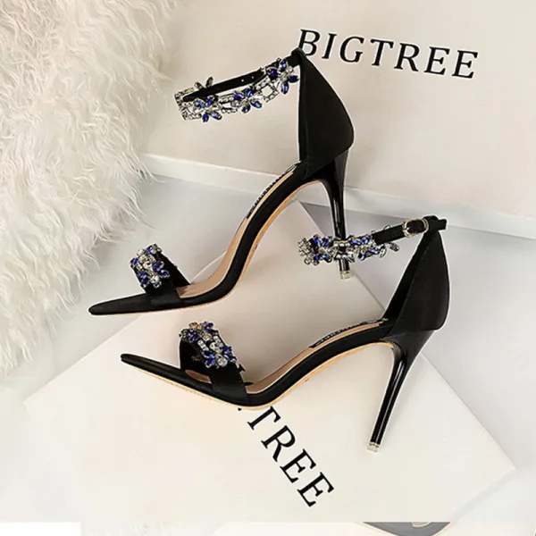 Sexy Dark Green Evening Party Womens Sandals 2020 Rhinestone Ankle Strap 9 cm Stiletto Heels Open / Peep Toe Sandals
