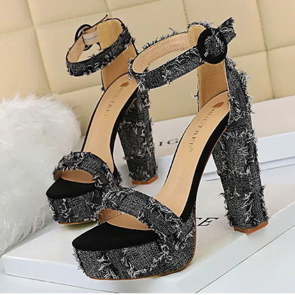 Sexy Schwarz Cocktail Sandalen Damen 2020 Denim Knöchelriemen 13 cm Thick Heels Peeptoes Sandaletten