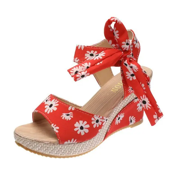 Fashion Summer Red Beach Womens Sandals 2020 Floral Bow 7 cm Wedges Platform Open / Peep Toe Sandals