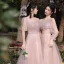 Modest / Simple Blushing Pink Bridesmaid Dresses 2021 A-Line / Princess V-Neck Short Sleeve Backless Tea-length Wedding Party Dresses