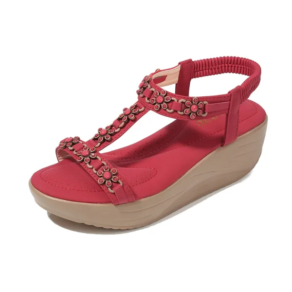 Schöne Sommer Strand Beige Sandalen Damen 2020 Strass T-Riemen 5 cm Keilabsatz Plateau Peeptoes Sandaletten