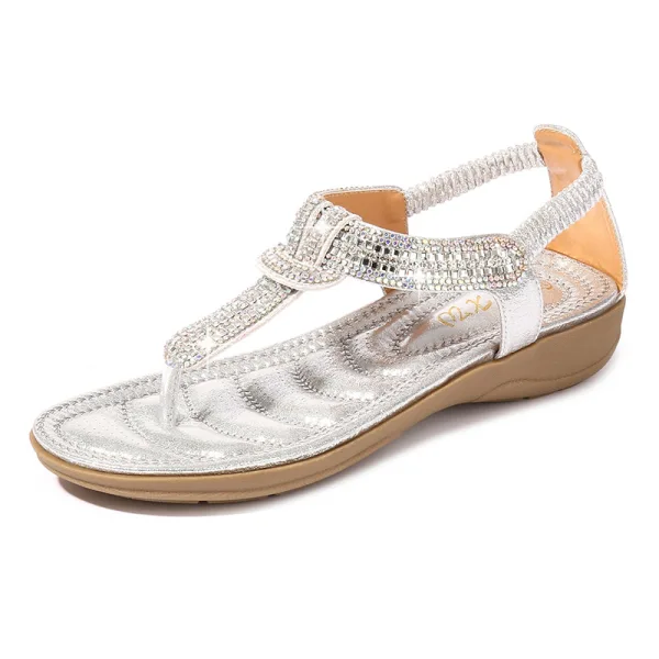 Fashion Black Summer Street Wear Flat Womens Sandals 2020 T-Strap Rhinestone Open / Peep Toe Sandals