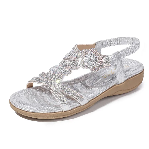 Fashion Summer Gold Street Wear Flat Womens Sandals 2020 Rhinestone Open / Peep Toe Sandals