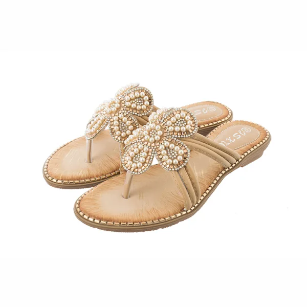 Chic / Beautiful Summer Black Casual Flat Womens Sandals 2020 Pearl Rhinestone Open / Peep Toe Sandals