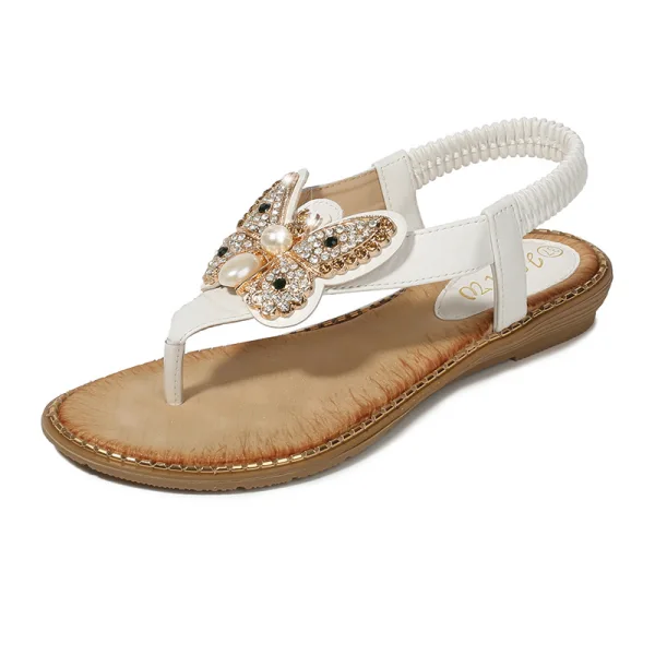 Charming Summer White Beach Flat Womens Shoes 2020 Rhinestone Pearl Butterfly Open / Peep Toe Sandals