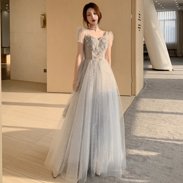 Fashion Grey Bridesmaid Dresses 2021 A-Line / Princess Square Neckline Beading Sequins Lace Flower Short Sleeve Backless Floor-Length / Long Wedding Party Dresses