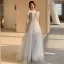 Fashion Grey Bridesmaid Dresses 2021 A-Line / Princess Square Neckline Beading Sequins Lace Flower Short Sleeve Backless Floor-Length / Long Wedding Party Dresses
