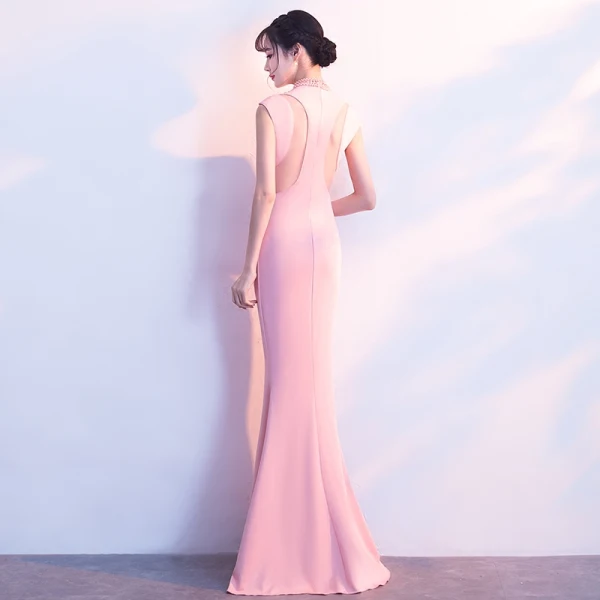 Elegant Rosa Selskabskjoler 2018 Havfrue Beading Perle Rhinestone Scoop Neck Ærmeløs Lange Kjoler