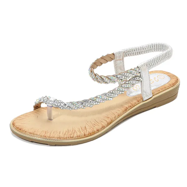 Sjarmerende Sommer Svart Casual Flate Sandaler Dame 2020 Rhinestone Peep Toe Sandaler