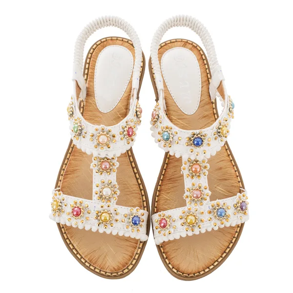 Böhmen Sommer Rosa Strand Sandalen Damen 2020 Perle Strass Peeptoes Flache Sandaletten