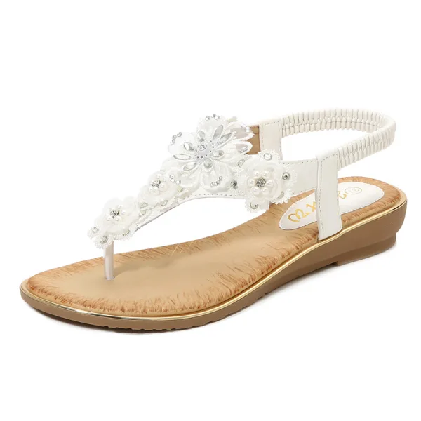 Charmant Jaune Désinvolte Sandales Femme 2020 En Dentelle Fleur Cristal Faux Diamant Perle Peep Toes / Bout Ouvert Plate Sandales