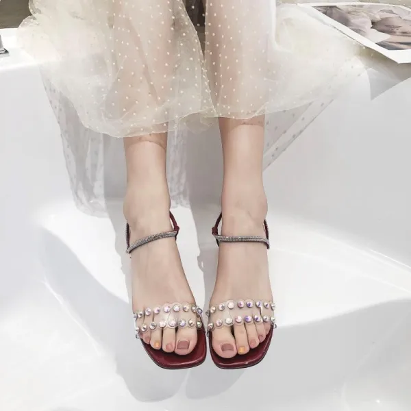 Mode Aprikos / Beige Casual Sandaler Dam 2020 Ankelband Rhinestone 5 cm Tjocka Klackar Peep Toe Sandaler