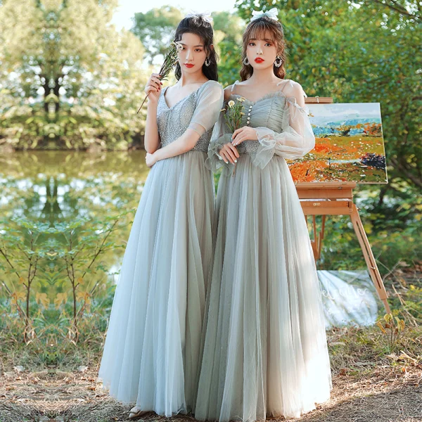 Modest / Simple Sage Green Ruffle Bridesmaid Dresses 2021 A-Line / Princess V-Neck Short Sleeve Backless Floor-Length / Long Wedding Party Dresses