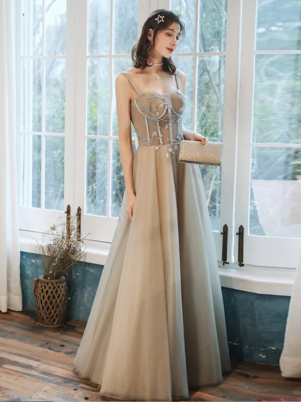 Élégant Champagne Robe De Soirée 2020 Princesse Encolure Carrée Perlage Paillettes Sans Manches Dos Nu Longue Robe De Ceremonie