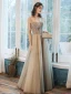 Élégant Champagne Robe De Soirée 2020 Princesse Encolure Carrée Perlage Paillettes Sans Manches Dos Nu Longue Robe De Ceremonie