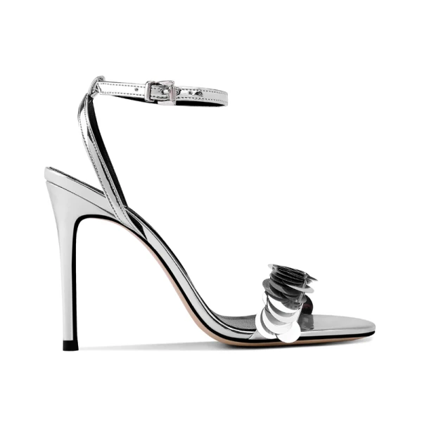 Sexy Argenté Soirée Cuir Sandales Femme 2020 Bride Cheville Paillettes 10 cm Talons Aiguilles Peep Toes / Bout Ouvert Sandales
