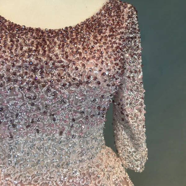 Chic / Beautiful Blushing Pink Prom Dresses 2018 Ball Gown Appliques Lace Handmade Beading Crystal Sequins Scoop Neck 3/4 Sleeve Sweep Train Formal Dresses