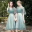 Chic / Beautiful Mint Green Bridesmaid Dresses 2021 A-Line / Princess Scoop Neck Short Sleeve Backless Sash Tea-length Wedding Party Dresses