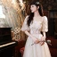 Modest / Simple Champagne Bridesmaid Dresses 2021 A-Line / Princess Scoop Neck Butterfly Lace Flower Short Sleeve Backless Floor-Length / Long Wedding Party Dresses
