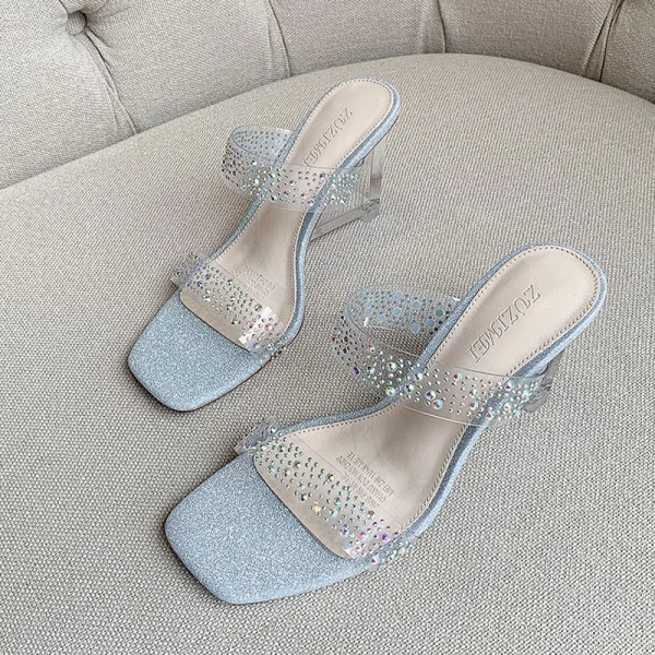 Transparent Sexy Gold Casual Womens Sandals 2020 Rhinestone 6 cm Thick Heels Open / Peep Toe Sandals