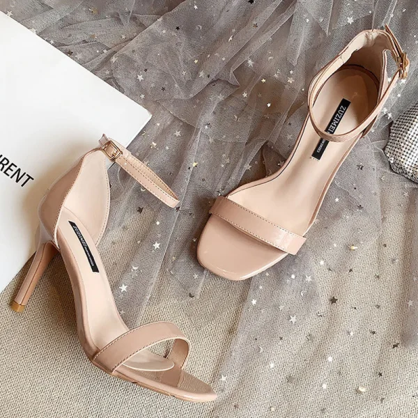 Sexy Noire Cocktail Cuir Verni Sandales Femme 2020 Bride Cheville 9 cm Talons Aiguilles Peep Toes / Bout Ouvert Sandales