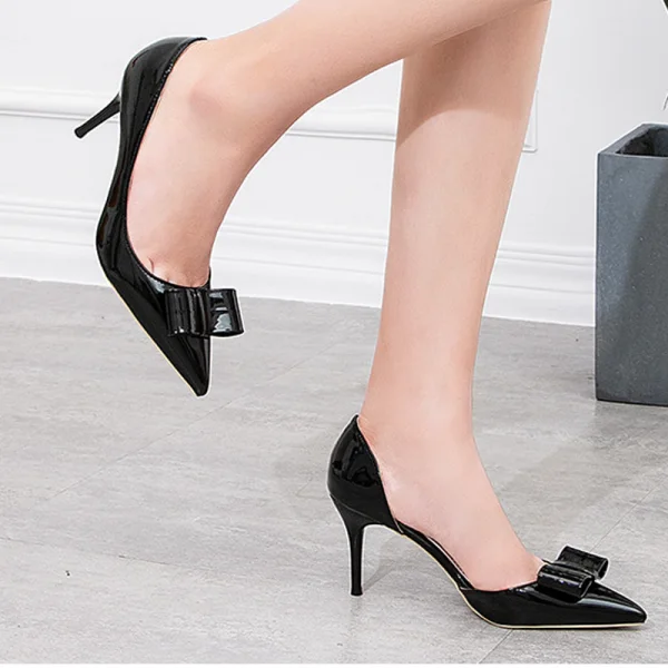 Chic / Beautiful Black Dating Bow Womens Shoes 2020 Patent Leather 7 cm Heels Pointed Toe Stiletto Heels